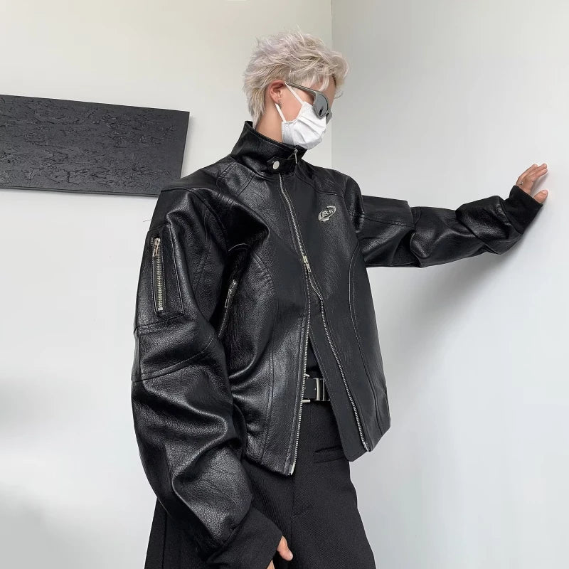 punk leather jacket mens spring standing collar trendy high street coats y2k streetwear hip hop motorcycle outwear 2024 new clean everyday pants