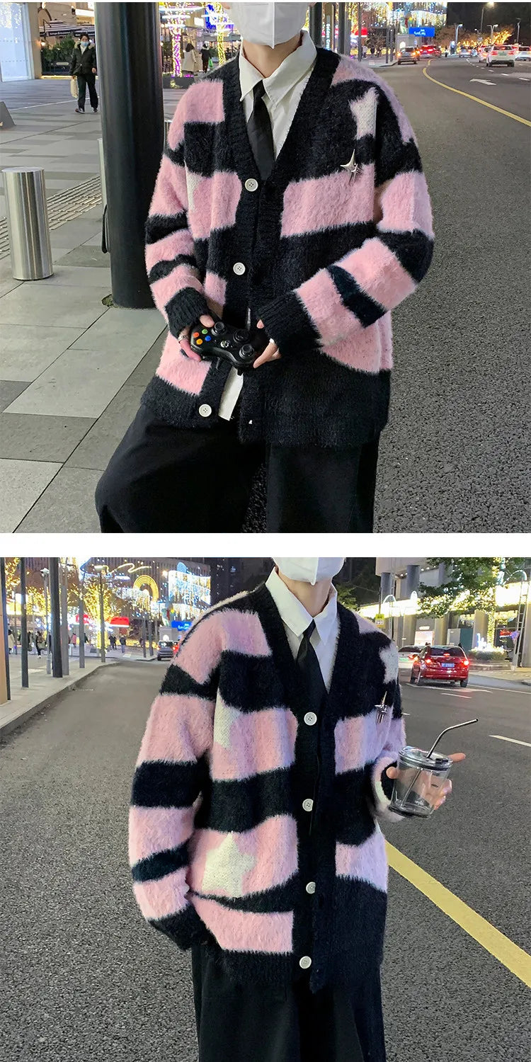 Knitted Cardigan Sweater Men Women Autumn Patchwork Knitted Jumpers Harajuku Loose Hip Hop Streetwear Y2K Star Pattern Jackets Street King Limited