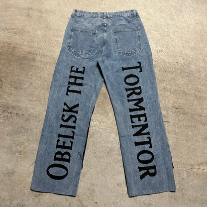harajuku y2k baggy jeans the winged dragon of ra print wide leg denim pants popular anime jeans streetwear trouser men clothing unique jeans style 4436
