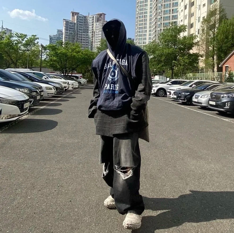 baggy damaged heavy industry washed jeans pants vibe loose casual silhouette straight worn pants knee ripped denim trousers unique jeans style 166