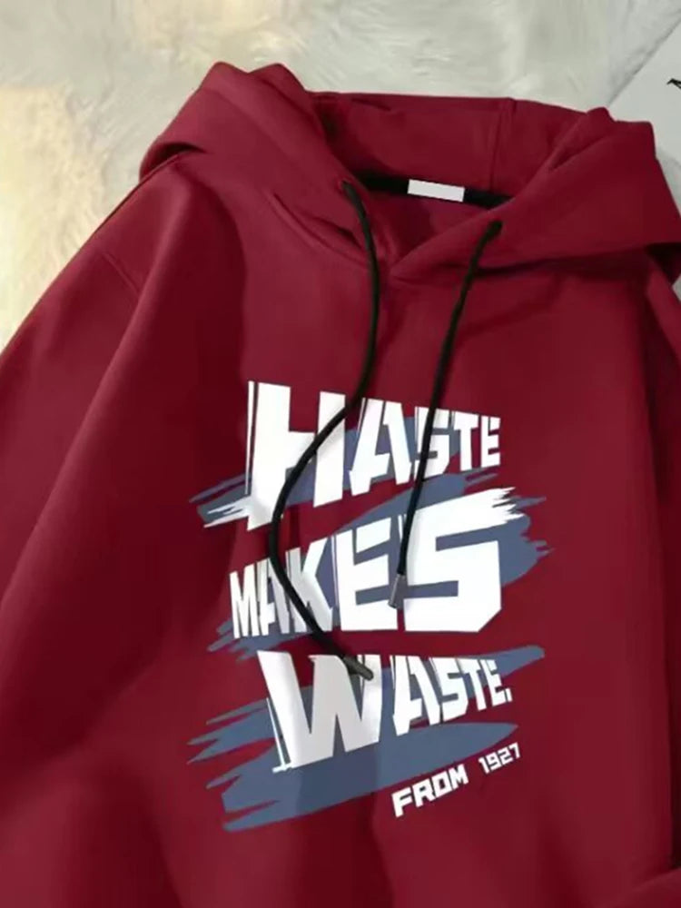 Haste Makes Waste Printed Hoody Man Personality Hip Hop Casual Pullover Hoodies Letter Y2K Streetwear Hooded Sweatshirts Street King Limited