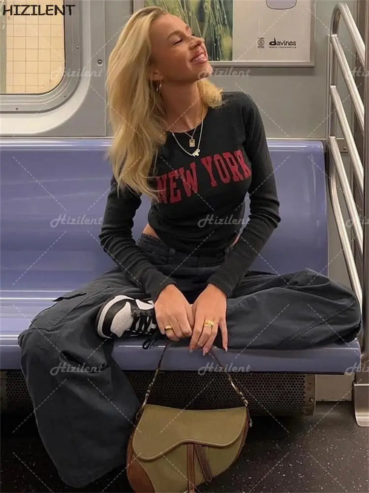 Long Sleeve Shirt Women Sexy Cropped letter graphics Tops 2022 Spring Black Goth grunge Skinny Slim Basic Top Woman T Shirts EMO Street King Limited