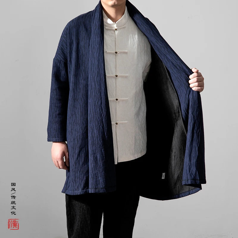 men autumn winter thick fleece liner loose casual punk gothic long cardigan trench coat streetwear kimono robe jacket outerwear minimalist street pants