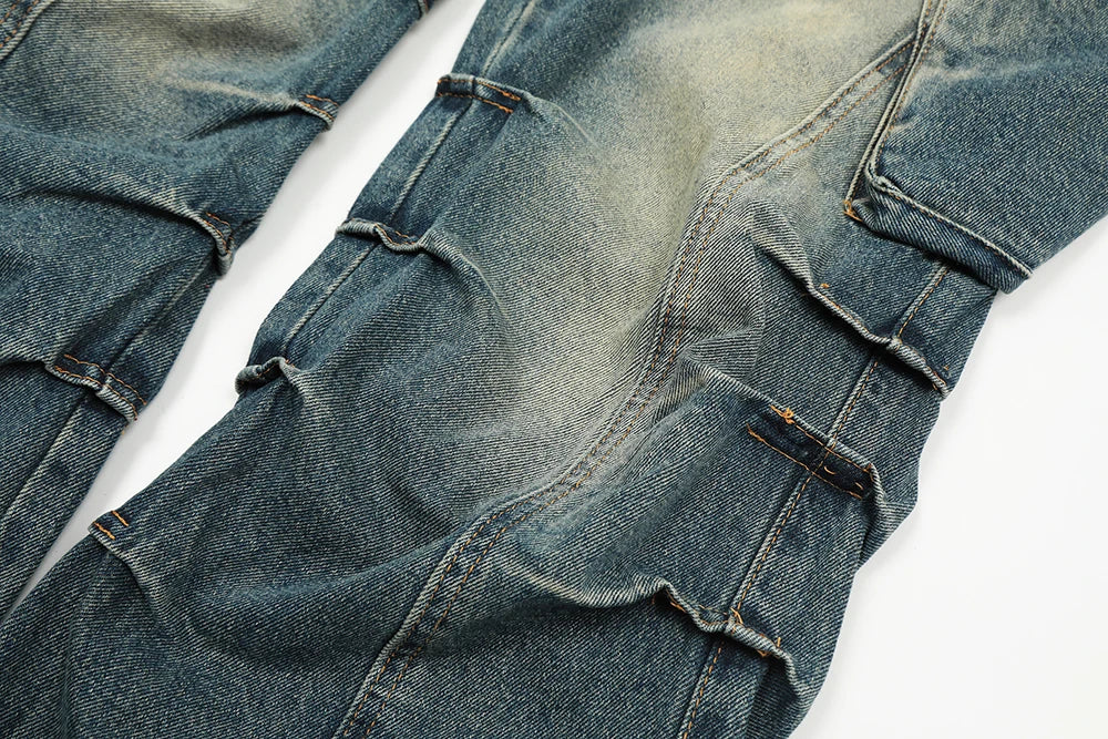 streetwear side pockets pleated washed blue jeans unisex straight baggy y2k denim pants ropa hombre casual cargo pants oversized unique cargo style 5209