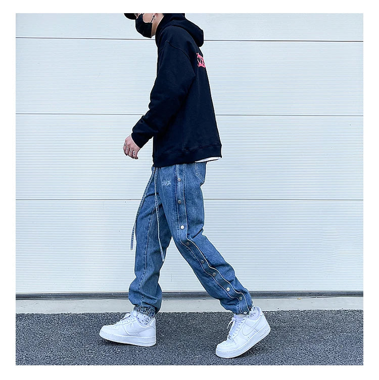 washed distressed denim sweatpant cashew flower patchwork oversized splice buckle jogging jeans casual button baggy men clothing unique joggers style 3350