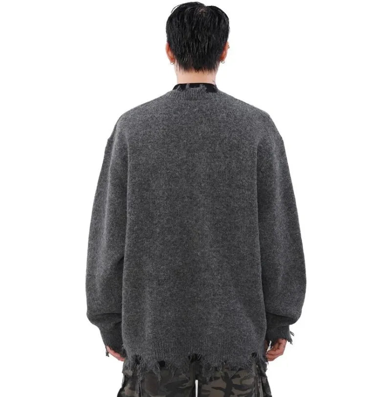 American High Street Mens Sweater 2024 New Autumn Half Zipper Fashion Knitted Tops Damaged Hip-hop Irregular Hem Pullover Street King Limited
