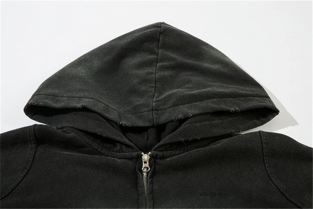 Vintage Zip Up Hoodie Jacket Y2K Punk Gothic Loose Washed Hooded Sweatshirt Coat 2024 Harajuku Cotton Streetwear Street King Limited