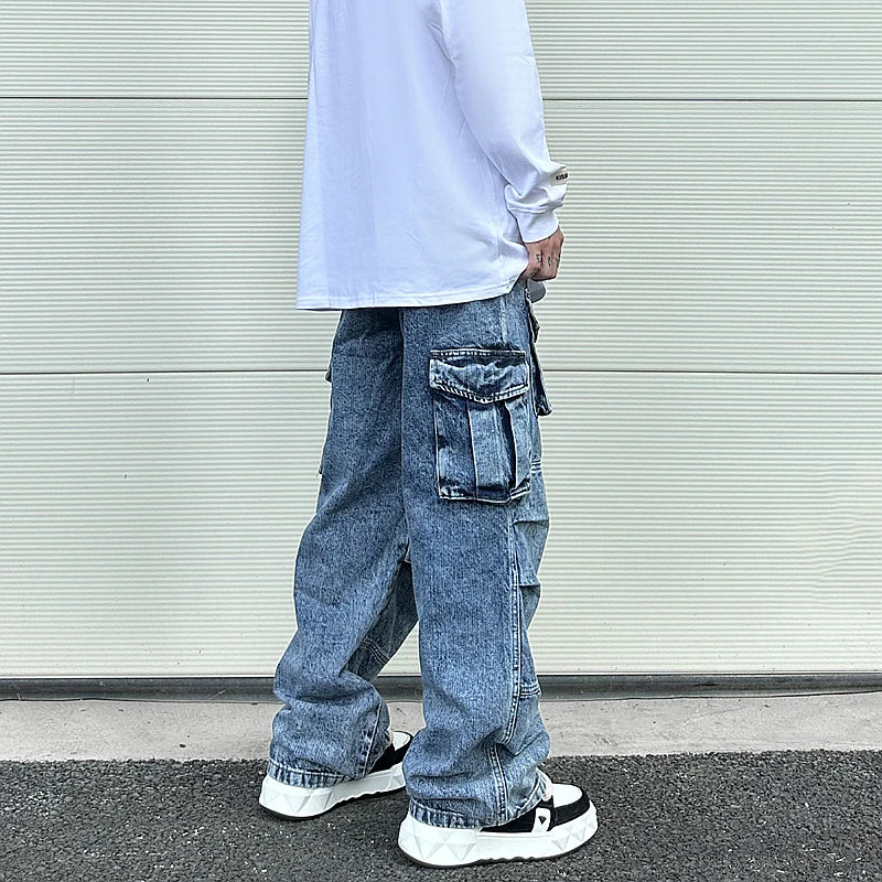 fashion loose streetwear cargo denim jeans unisex casual multi pocket wide legs jean pants hip hop joggers mens baggy jeans unique joggers style 1955