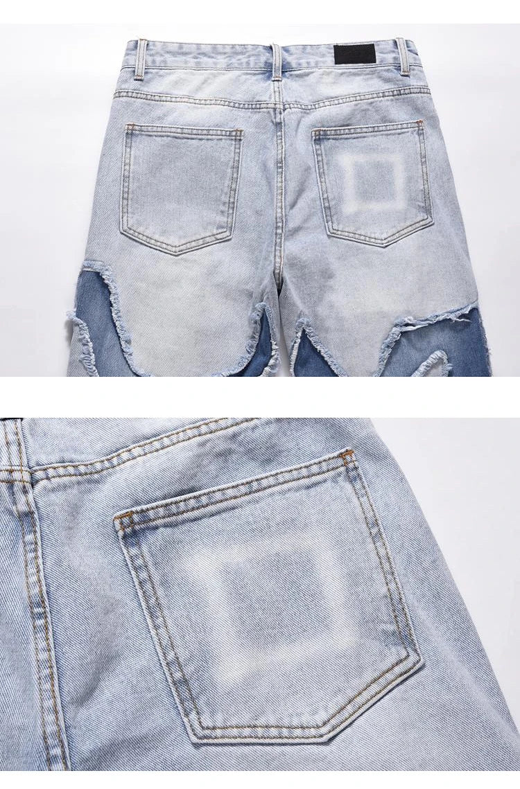 ripped irregular patchwork design denim jeans men casual zipper biker trousers jeans fashion streetwear hip hop pants joggers unique joggers style 2627