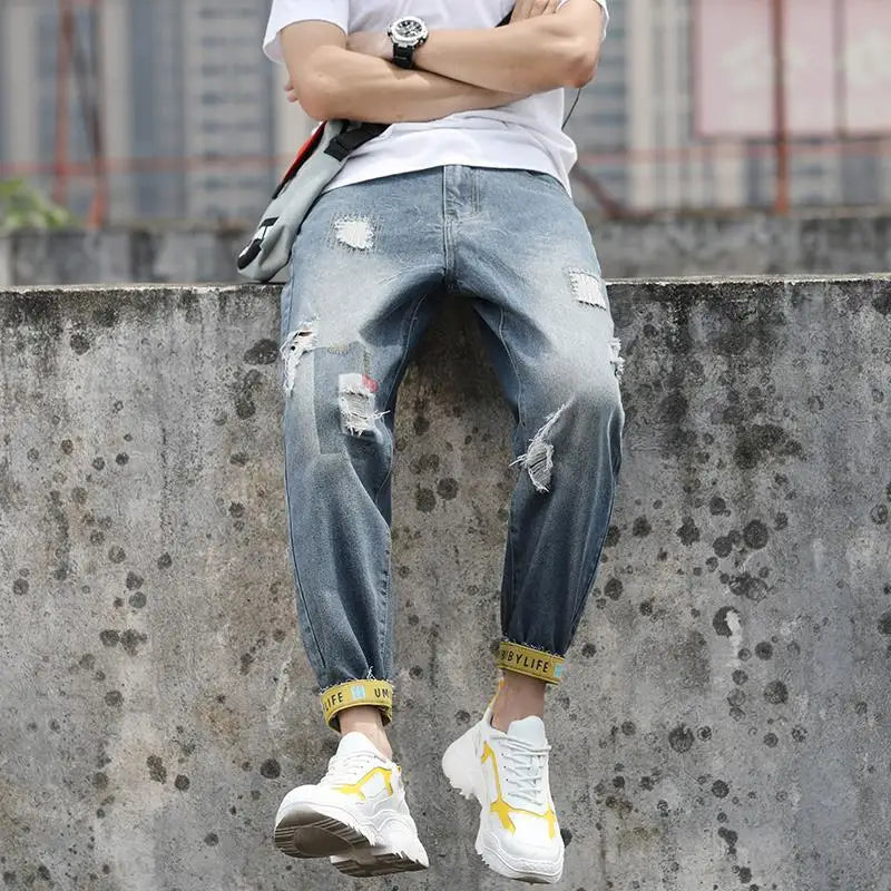 Men's Jeans with Holes Man Cowboy Pants Cropped Harem Hip Hop Trousers 2024 Korean Style Torn Ripped Broken Retro Classic pants Street King Limited