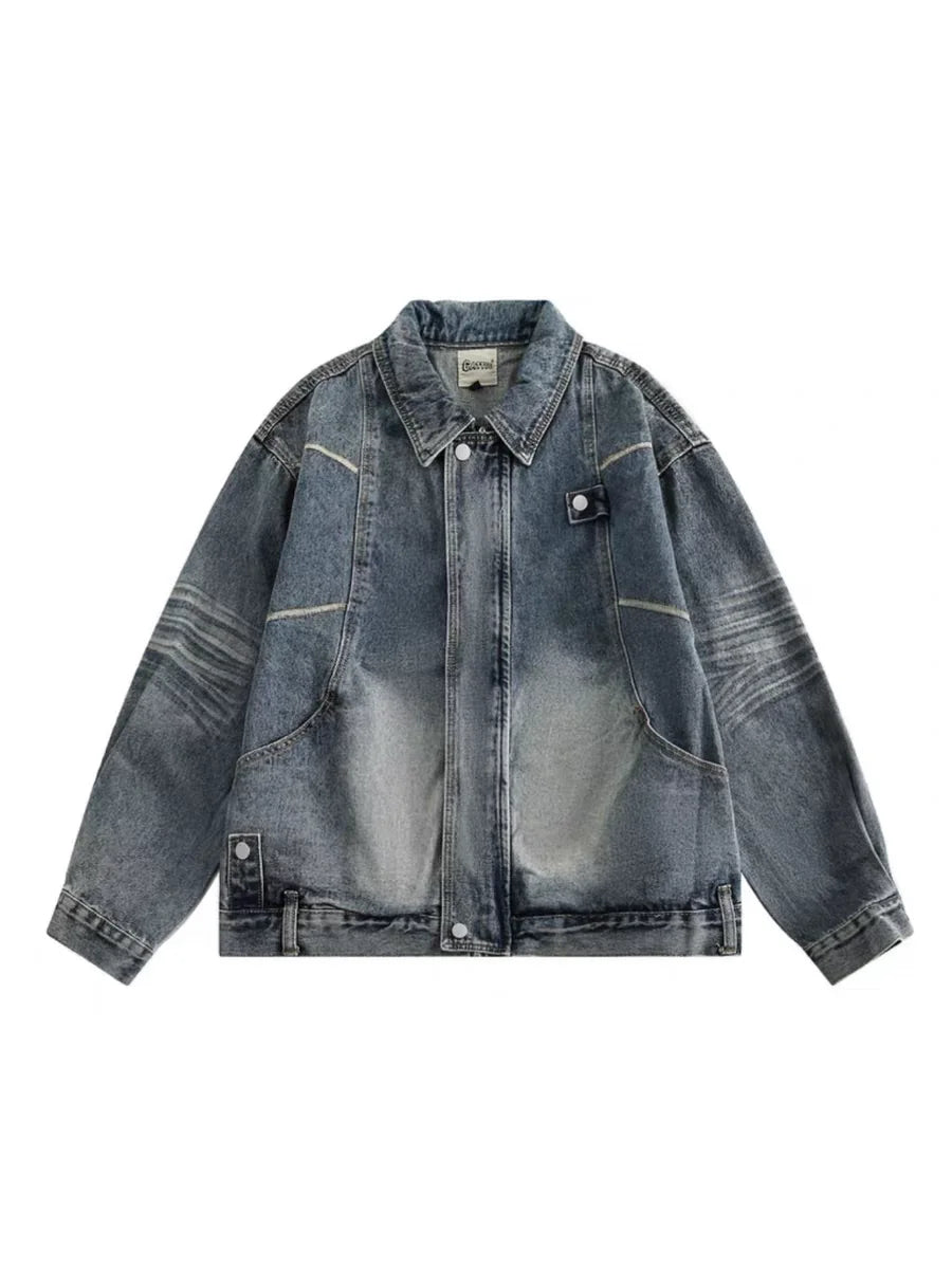 high street washed denim jacket mens 2024 spring trend oversize hip hop male coats color blocking motorcycle street outwear y2k unique jeans style 3639