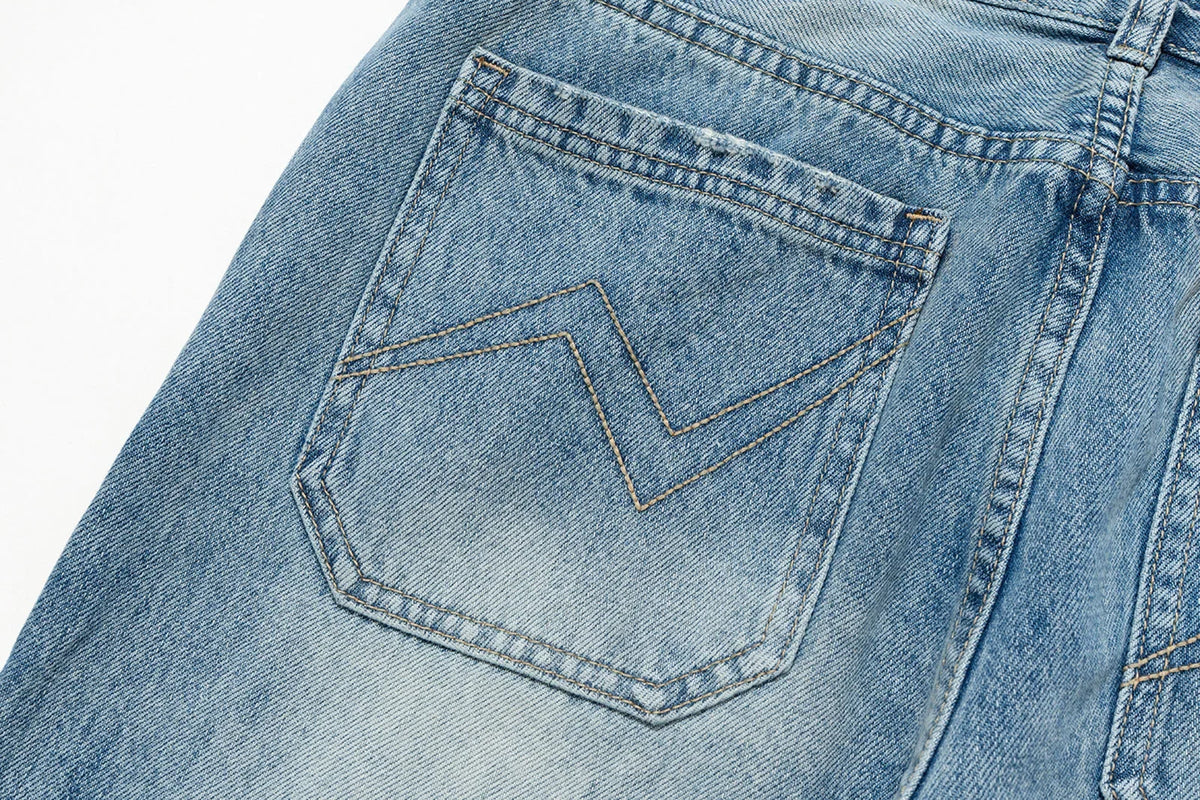 streetwear ropa hombre lightning pattern washed split jeans for men washed pocket baggy casual denim trousers oversized cargos 1 unique cargo style 645