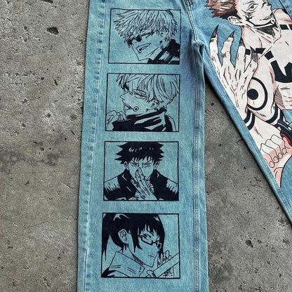 harajuku many ghost faces print y2k men s jeans popular anime baggy jeans wide leg pants streetwear trouser men clothing unique jeans style 4516