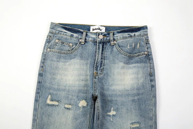 ripped hole distressed black blue washed mens jeans straight casual baggy pockets pencil pants streetwear loose denim trousers unique jeans style 1877