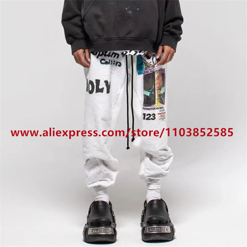 2024 autumn winter vintage casual sports pants mens letter illustration printed loose drawstring leg strap high street hip hop unique default style 1613