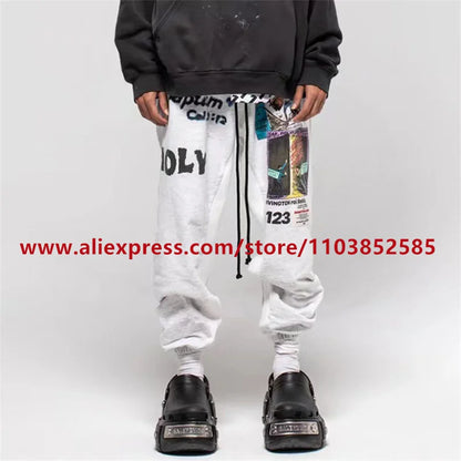 2024 autumn winter vintage casual sports pants mens letter illustration printed loose drawstring leg strap high street hip hop unique default style 1613