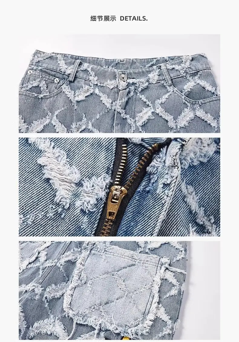 Y2K Star Embroidery Plaid Stacked Jeans Pants for Men Straight Women Hip Hop Denim Trousers Pantalon Homme Street Raw Edge Pant Street King Limited