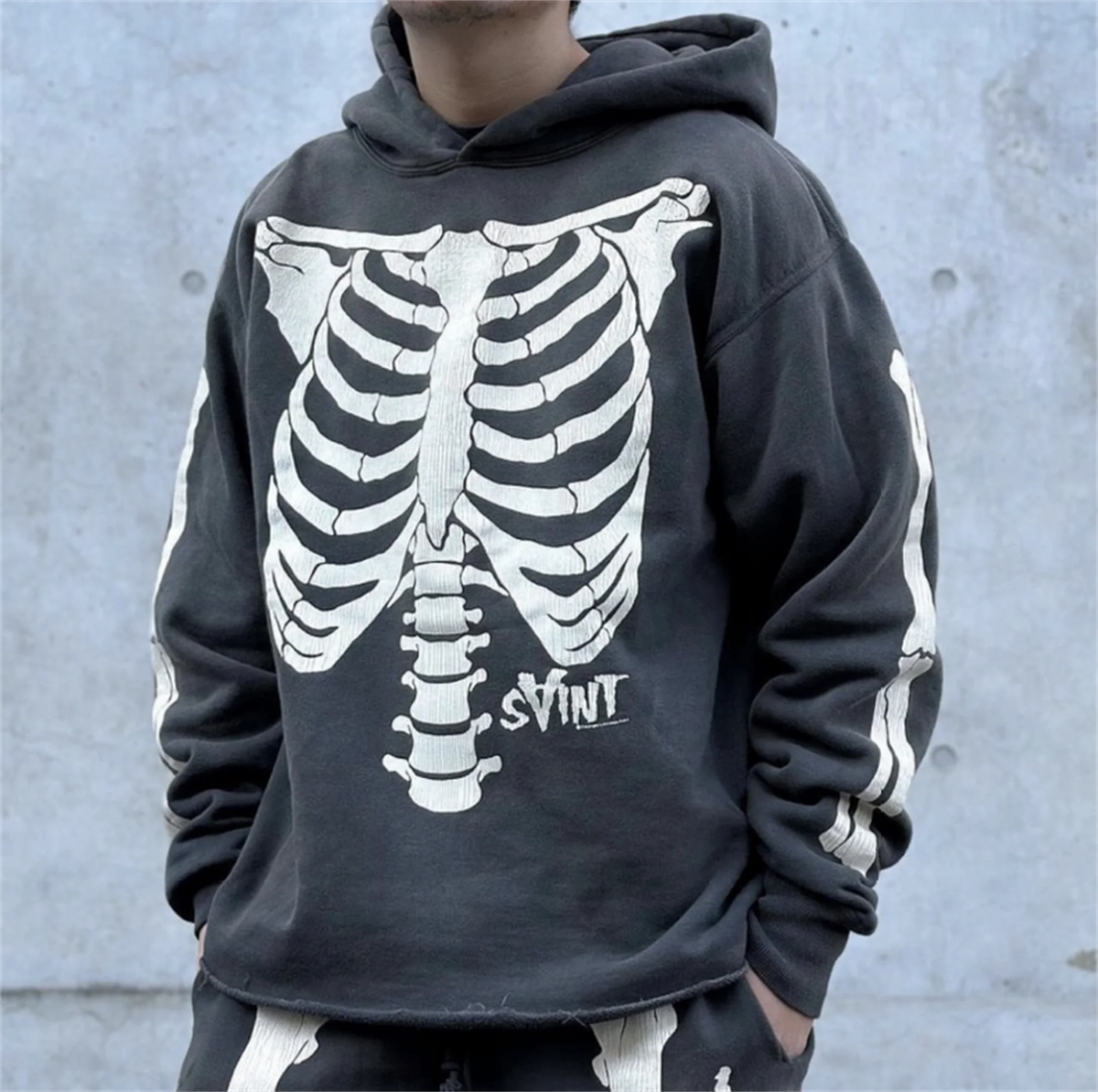 2024 SM Skeleton Rib Cracked Printed Hoodie High Street Washed Outdated Couple Loose Hoodies Street King Limited