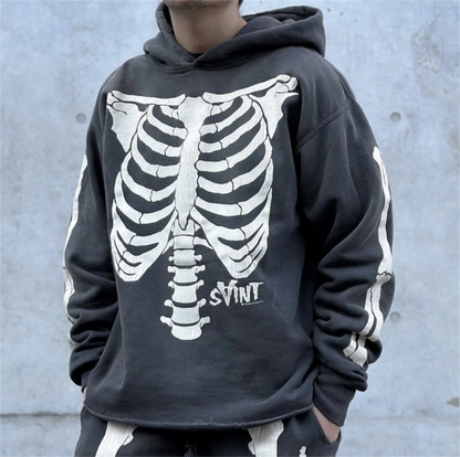 2024 SM Skeleton Rib Cracked Printed Hoodie High Street Washed Outdated Couple Loose Hoodies Street King Limited