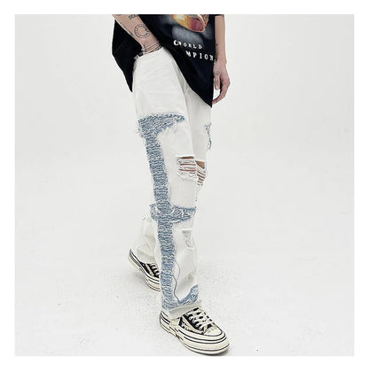 mens high street denim jean pants casual loose destroyed ripped holes straight jeans side patchwork hip hop streetwear joggers unique joggers style 1737