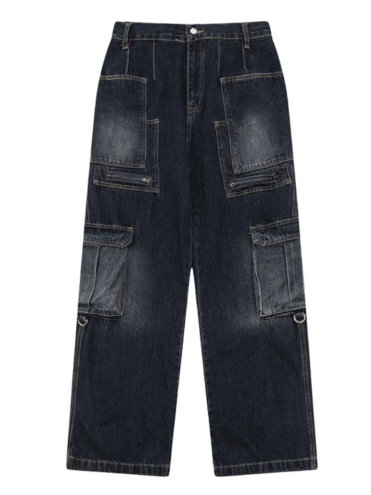 fashion punk rings streetwear loose pants unisex casual multiple pockets wide legs jean pants hip hop joggers men baggy jeans unique joggers style 486