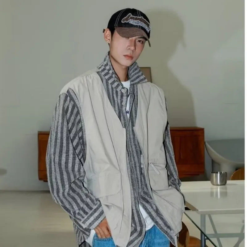 striped mens shirt jacket 2024 spring japanese street color blocked fake two coats vest tooling trend zipper long sleeved tops unique default style 2385