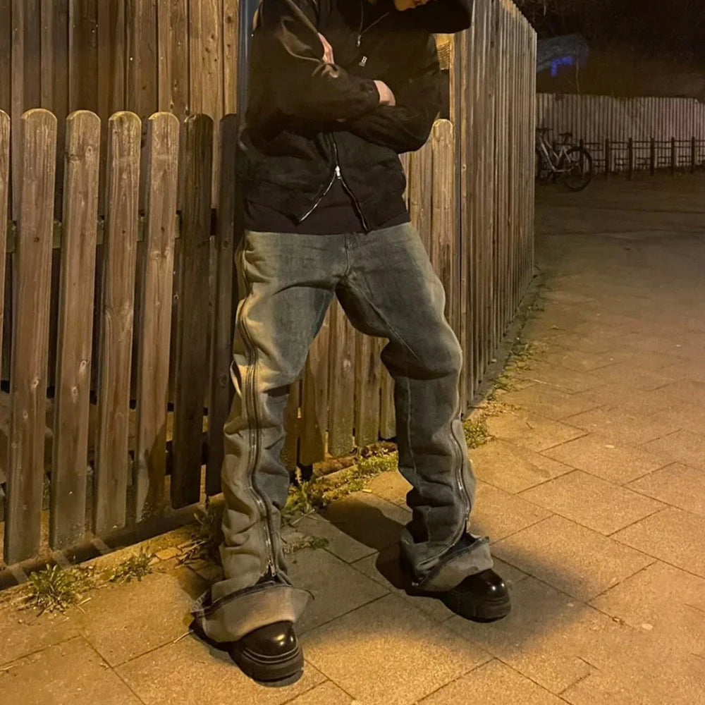 Ro Style Gradient Blue Horn Stacked Floor Dragging Jeans Unisex Streetwear Baggy Y2K Ribbons Zipper Denim Trousers Oversized Street King Limited