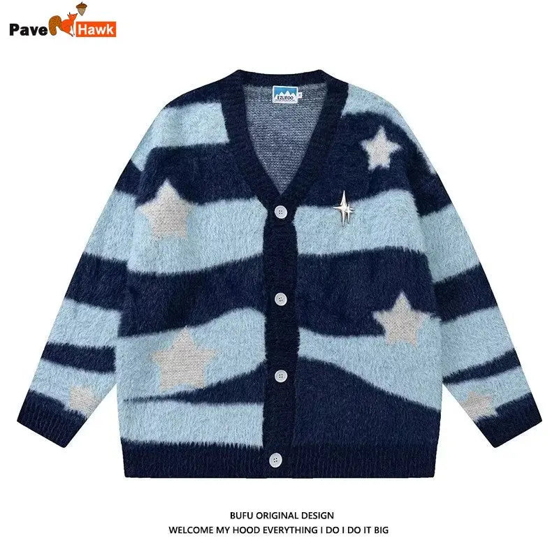 Knitted Cardigan Sweater Men Women Autumn Patchwork Knitted Jumpers Harajuku Loose Hip Hop Streetwear Y2K Star Pattern Jackets Street King Limited