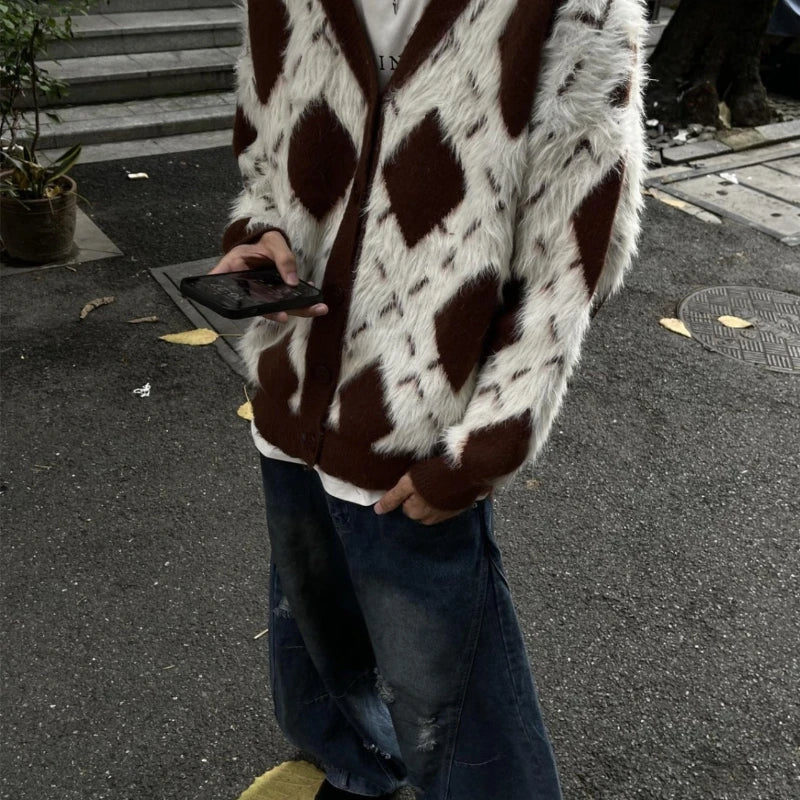 2024 New College Casual Mens Cardigan Autumn Diamond Grid Color Block Street Unisex Knitted Jacket Loose V-neck Sweater Coats Street King Limited