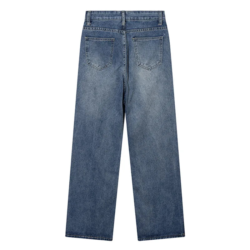 Men Y2K Blue Jeans Cartoon Print Straight Wide Leg Trousers American Vintage High Street Fashion Baggy Denim Pants Unisex Street King Limited