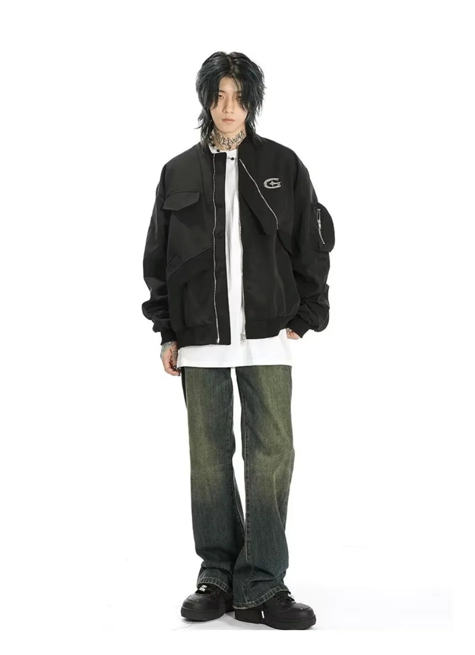 american street pilot jacket mens spring irregular trend loose tooling male coats zipper multiple pockets couple baseball jersey unique default style 3306