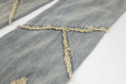 vintage ripped patchwork baggy jeans mens streetwear hip hop loose blue jeans trousers y2k distressed straight denim pants man unique jeans style 4231