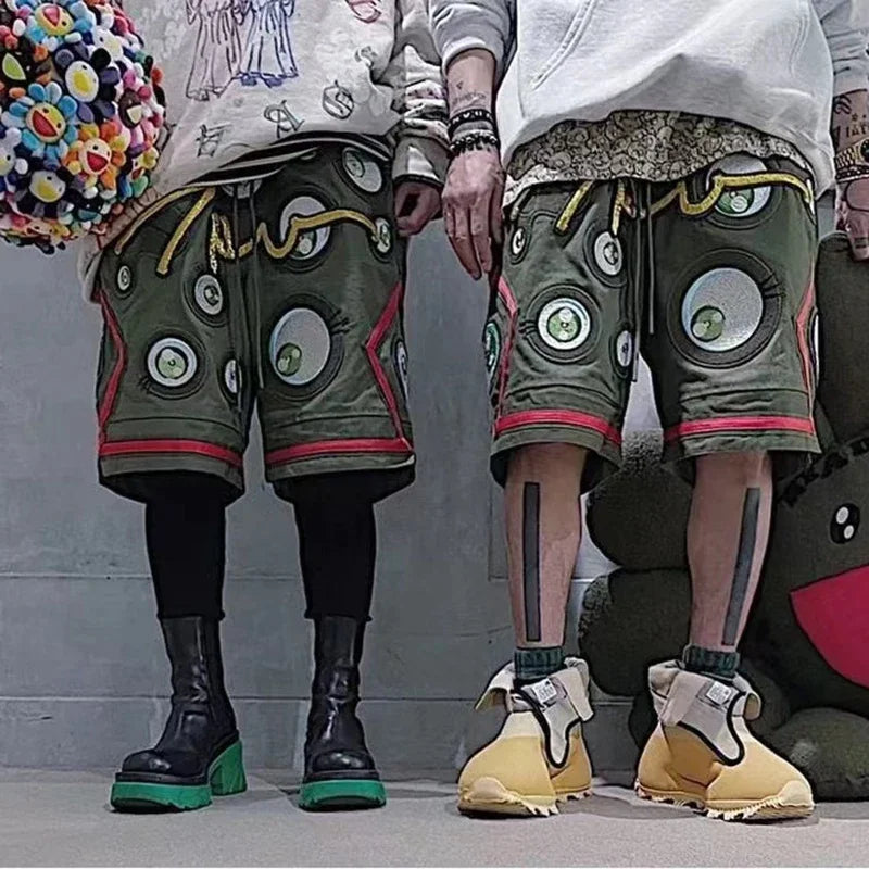 Japanese Eyes Embroidery Washed Military Green Worn Canvas Shorts for Men Summer Pockets Baggy Cargo Short Oversized Street King Limited