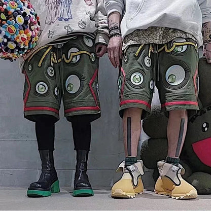 Japanese Eyes Embroidery Washed Military Green Worn Canvas Shorts for Men Summer Pockets Baggy Cargo Short Oversized Street King Limited
