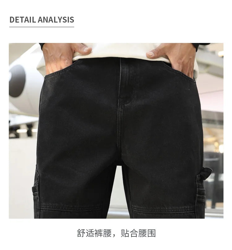 men american streetwear fashion loose casual hip hop wide leg black denim baggy jeans pants man y2k cargo jeans trousers unique cargo style 2223