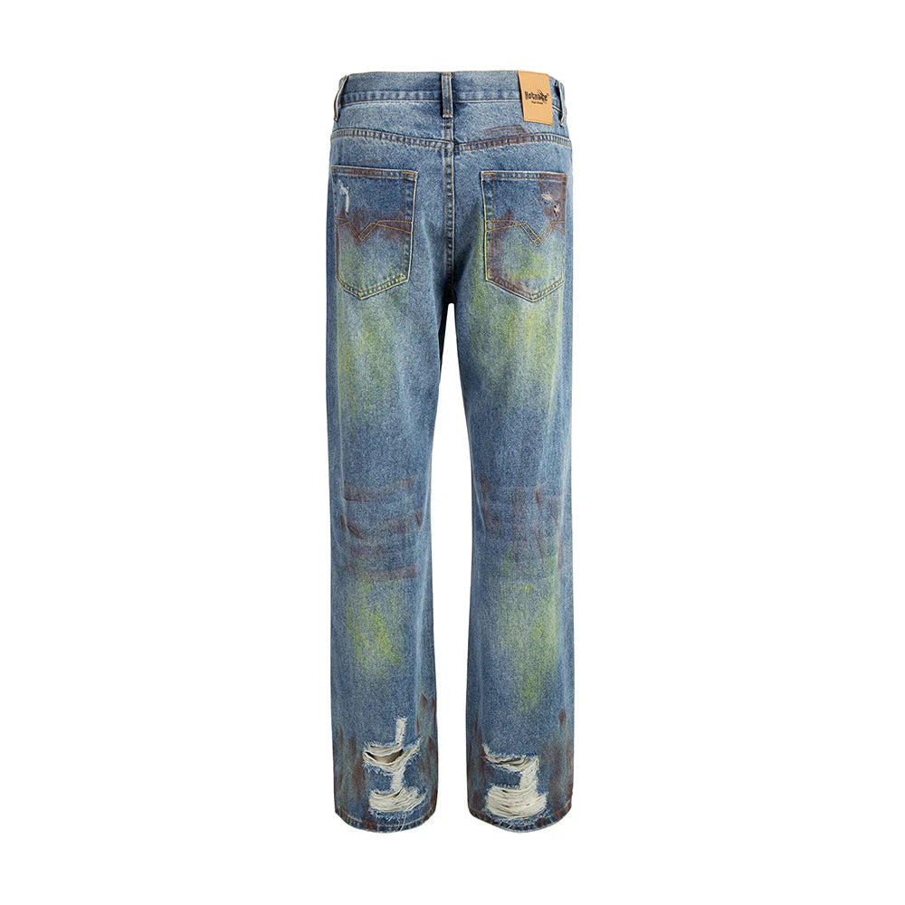 green painted hole washed blue baggy jeans mens streetwear distressed casual loose denim trousers ropa hombre frayed cargo pants utility cargo pants