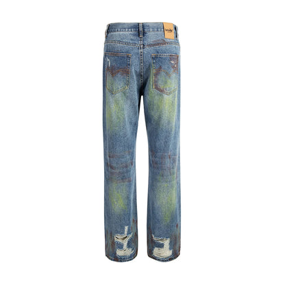 green painted hole washed blue baggy jeans mens streetwear distressed casual loose denim trousers ropa hombre frayed cargo pants utility cargo pants