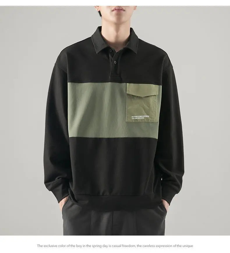 New polo shirt men's contrast color lapel spliced long sleeve t-shirt japanese large size loose sweatshirt bottoming shirt tops Street King Limited