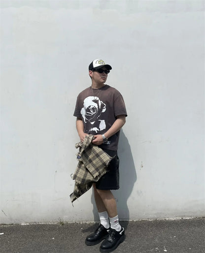 Vintage 90s Old School Style Sunfade Rose Cracking Washed Old Streetwear Printed T-shirt For Men Street King Limited
