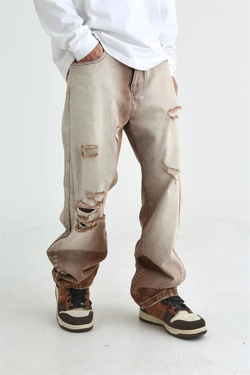fashion denim jeans mens destoryed holes zipper straight jeans hip hop streetwear spring summer casual joggers jeans men pants unique joggers style 3143