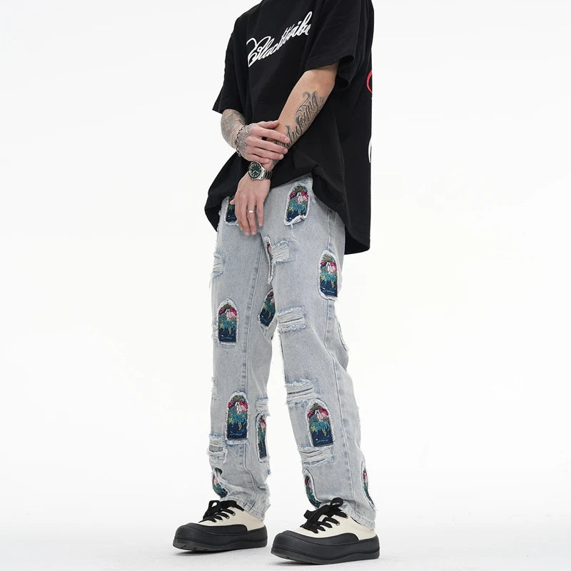 retro patch embroidered pleated jean for men street wear washed destroyed straight patchwork ripped jeans pants baggy hip hop unique jeans style 81