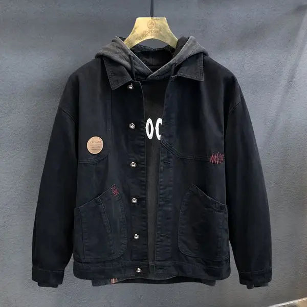 american retro workwear jacket for boys loose spring and autumn high street japanese style khaki casual trendy denim jacket tops unique jeans style 4880