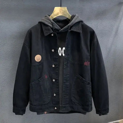 american retro workwear jacket for boys loose spring and autumn high street japanese style khaki casual trendy denim jacket tops unique jeans style 4880