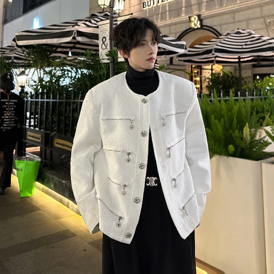 multi zipper sequin woolen jacket men french retro fashionable casual christmas jacket spring autumn coat stage show clothing relaxed fit trousers