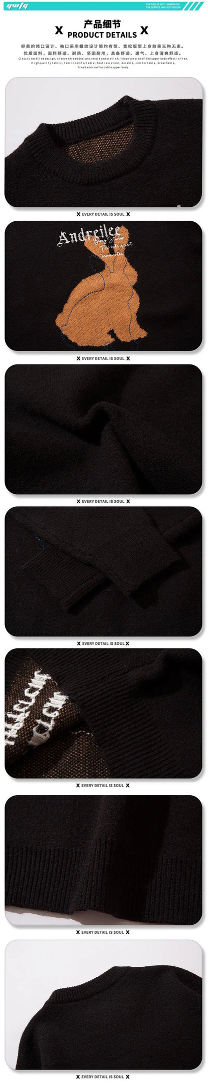 Men Harajuku Sweater Cartoon Duck Goose Embroidery Knitted Pullover Japanese College Style O-Neck Jumper Unisex Spring Autunm Street King Limited