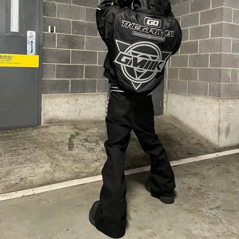 RO Style Ribbons slightly Stretch Baggy Flared Jeans for Men High Street Black Color Boom Cut Oversized Casual Denim Trousers Street King Limited