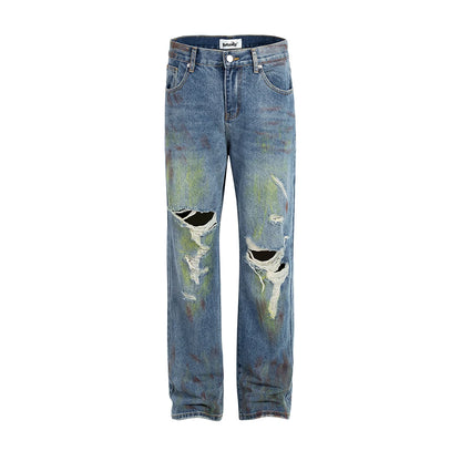 green painted hole washed blue baggy jeans mens streetwear distressed casual loose denim trousers ropa hombre frayed cargo pants military streetwear pants