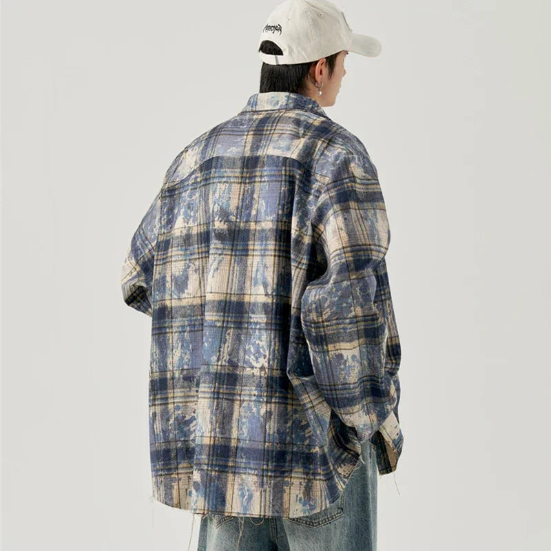Streetwear Autumn Mens Ink Tie Dye Plaid Long Sleeve Shirt Korean Fashion Vintage Autumn Mens Ink Tie Dye Plaid Long Sleeve Shirt Korean Fashion Vintage Button T Shirts Y2K Streetwear Social Shirt Jackets Fashion Sweater Jacket With Graphic Design For Men