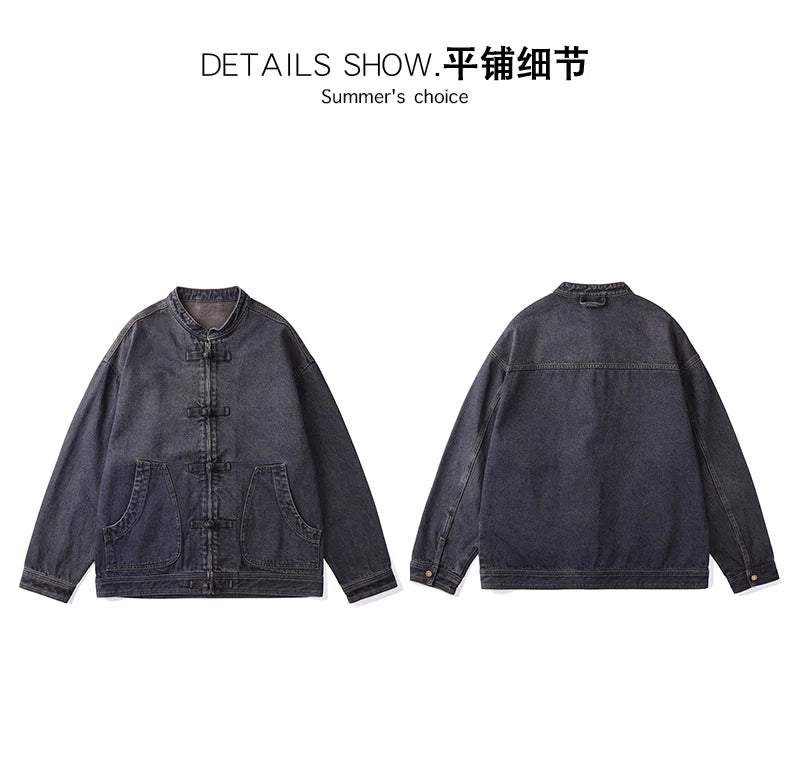 men spring autumn streetwear fashion retro loose casual plus size stand collar denim jacket man jeans coat outerwear unique jeans style 908