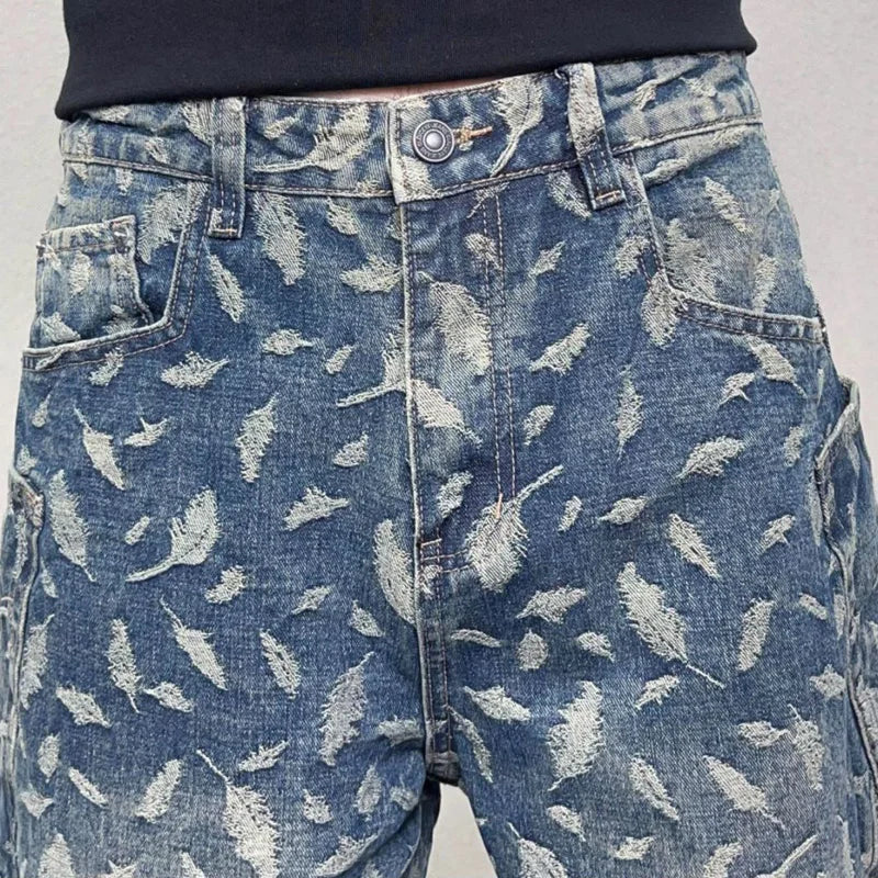 men jacquard loose casual hip hop vibe splice pocket denim baggy jeans pants man streetwear ripped jeans trousers boyfriend unique jeans style 2994